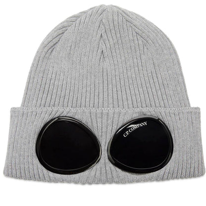 CP Company grey beanie hat with goggle detail and cotton material.