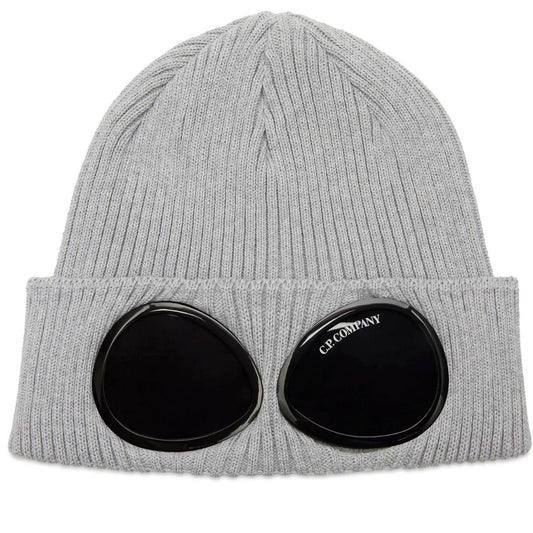 CP Company grey beanie hat with goggle detail and cotton material.