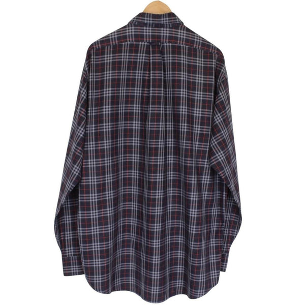 Vintage 90s Burberry Navy Blue Nova Check Long Sleeve Cotton Shirt