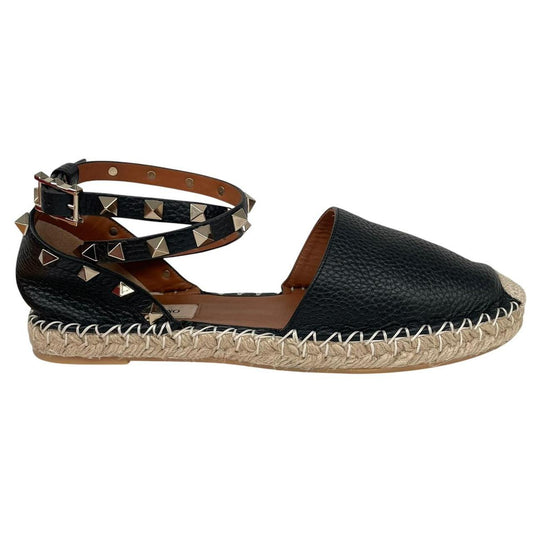 Valentino Garavani Rockstud Black and Brown Leather Espadrille Flat