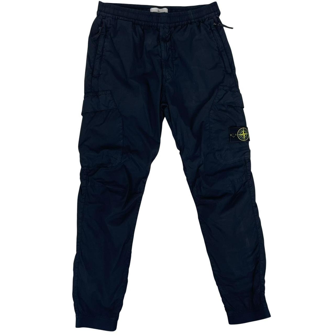 Stone Island navy blue cargo trousers with logo patch and RE-T fit design.