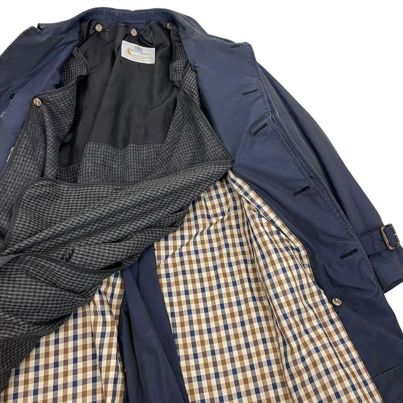 Vintage 90s Aquascutum Navy Blue House Check Cotton Blend Belted Trench Coat
