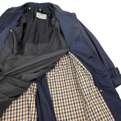 Vintage 90s Aquascutum Navy Blue House Check Cotton Blend Belted Trench Coat
