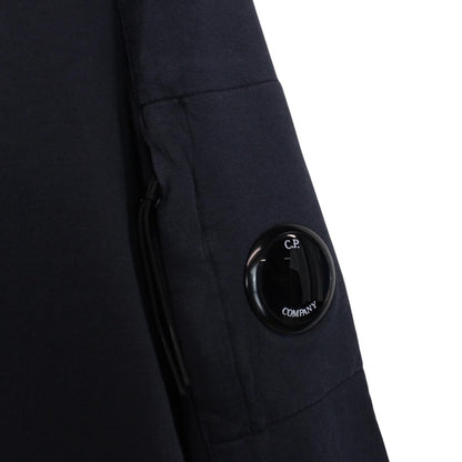 CP Company navy blue cotton sweatshirt with goggle lens detail and logo.