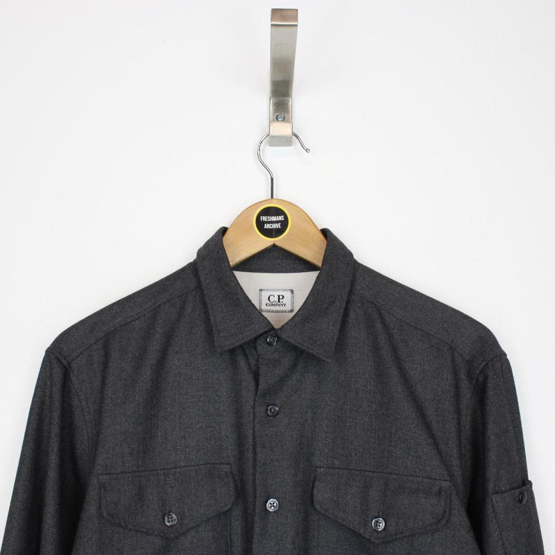 CP Company Grey Button Up Military Double Pocket Lens Overshirt