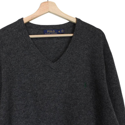 Polo Ralph Lauren grey lambswool knit v-neck jumper with embroidered logo.