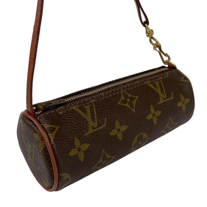 Louis Vuitton brown mini pochette bag with monogram canvas pattern and gold hardware.