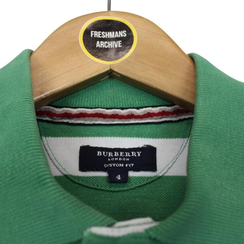 Burberry London Green and White Striped Short Sleeve Cotton Polo Shirt