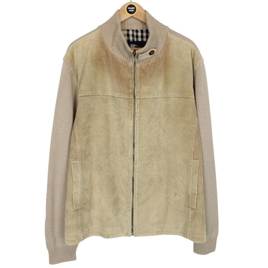 Vintage Burberry Beige and Tan Merino Wool and Corduroy Full Zip Jumper