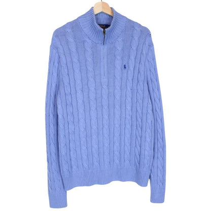 Polo Ralph Lauren blue cotton cable knit jumper with 1/4 zip and embroidered logo.