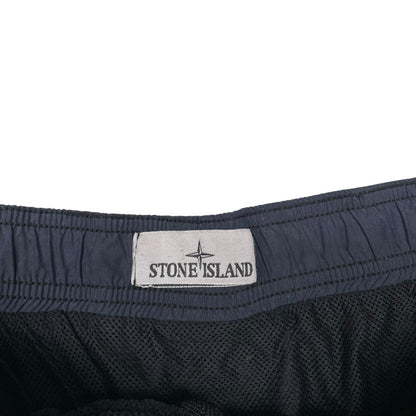 Stone Island navy blue swim shorts brushed nylon fabric with logo patch on side.