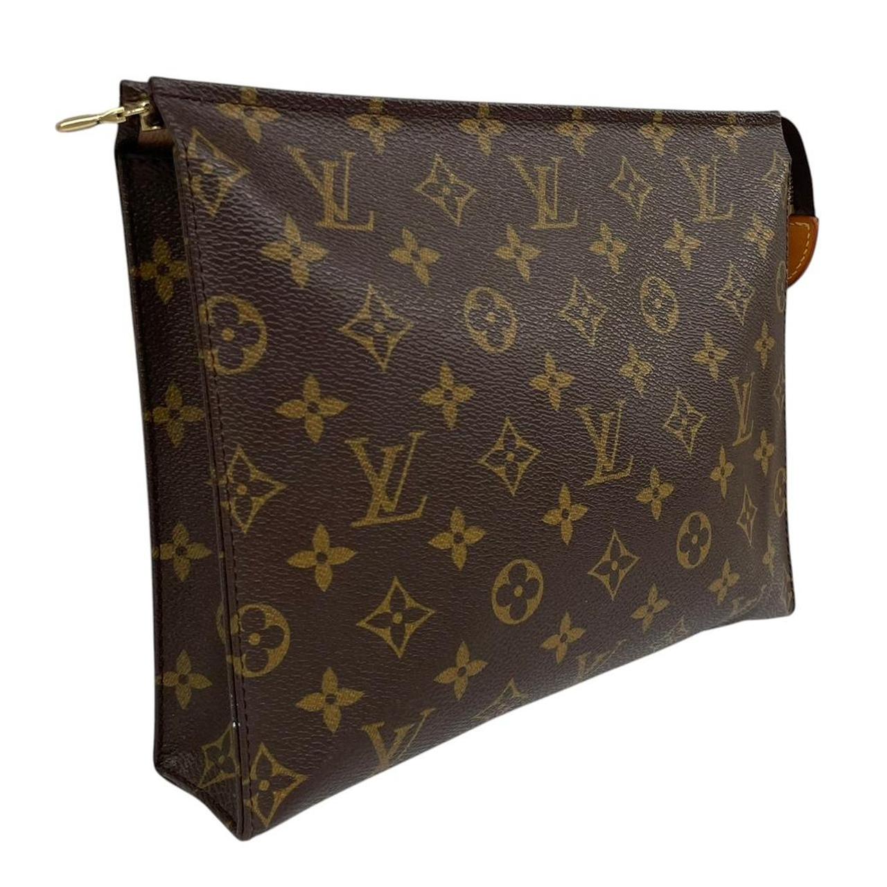 Louis Vuitton brown and tan monogram toiletry pouch with white logo details.