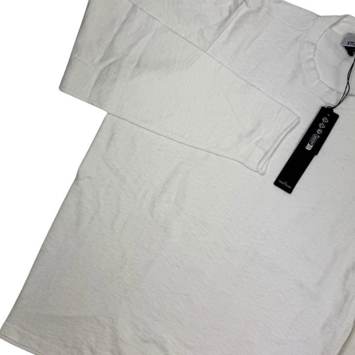 Stone Island white organic cotton knit sweatshirt with logo patch on sleeve.