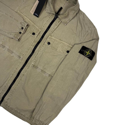 Stone Island khaki brown full zip cotton overshirt with logo patch and tag attached.