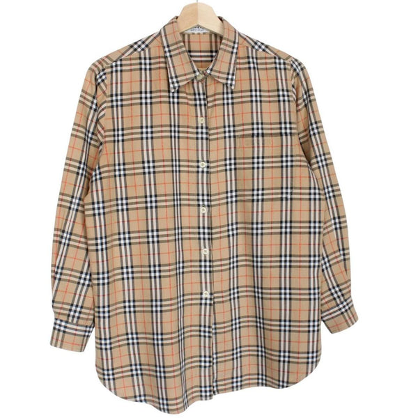 Burberry tan brown long sleeve shirt featuring classic Nova Check pattern in cotton.