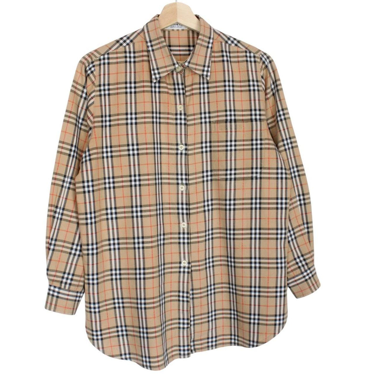 Burberry tan brown long sleeve shirt featuring classic Nova Check pattern in cotton.