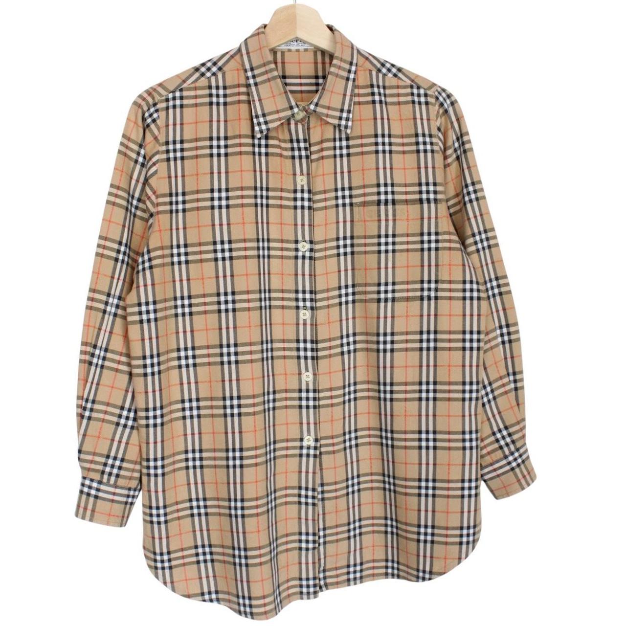 Burberry tan brown long sleeve shirt featuring classic Nova Check pattern in cotton.