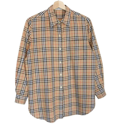 Burberry tan brown long sleeve shirt featuring classic Nova Check pattern in cotton.