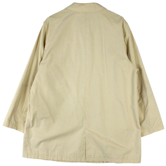 Burberry beige single breasted coat with logo detail and classic tailored design.