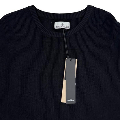 Stone Island black ribbed knit jumper with logo badge and organic cotton material.