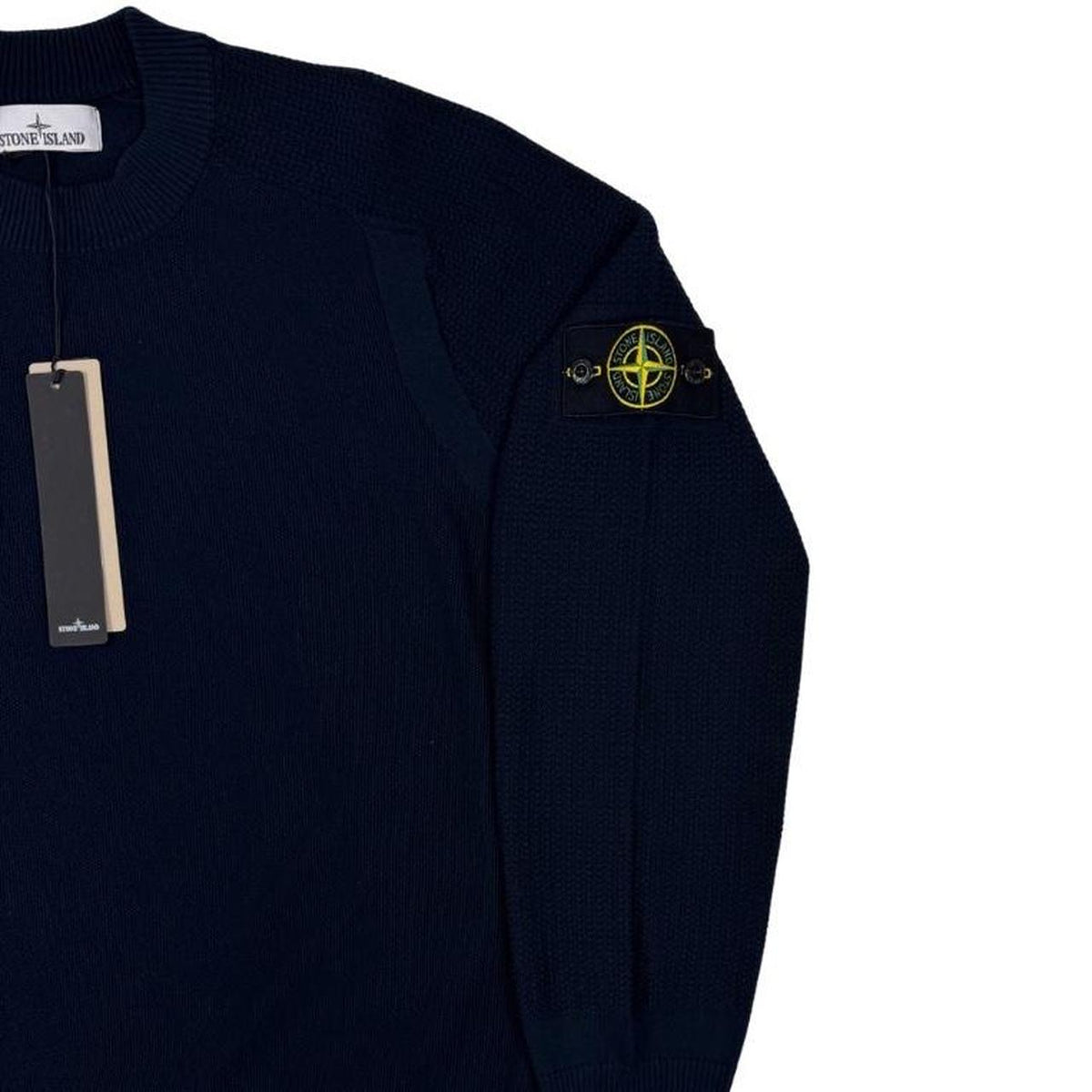 Stone Island navy blue cotton knit jumper with micro stitch detailing and logo patch.