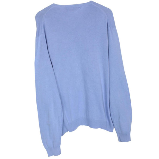 Polo Ralph Lauren blue knit v-neck jumper, soft pima cotton, faint marks visible.