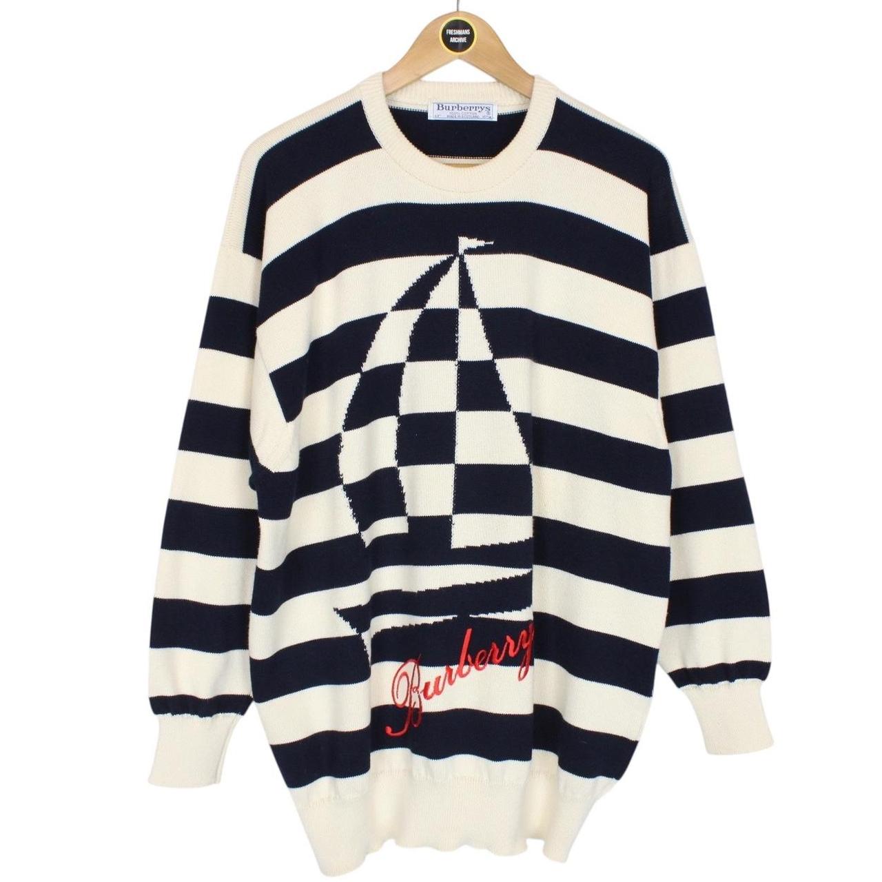 Vintage 90s Burberry Cream and Black Striped Cotton Knit Jumper