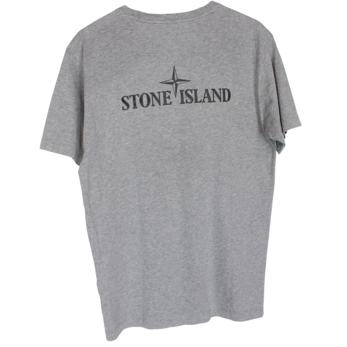 Stone Island grey short sleeve cotton t-shirt with logo print and visible stains.