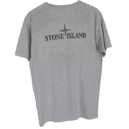 Stone Island grey short sleeve cotton t-shirt with logo print and visible stains.