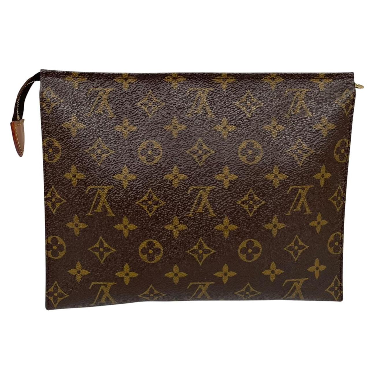 Louis Vuitton brown and tan monogram toiletry pouch with white logo details.