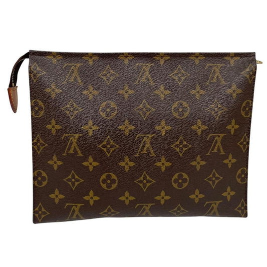 Louis Vuitton brown and tan monogram toiletry pouch with white logo details.
