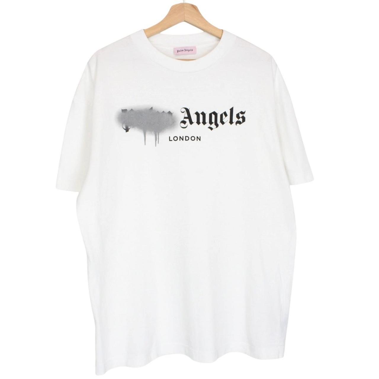Palm Angels white cotton t-shirt with sprayed print and chest pocket detail.