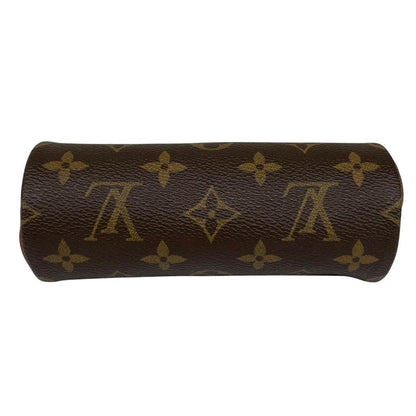 Louis Vuitton brown and tan duffel bag with monogram canvas and logo details.