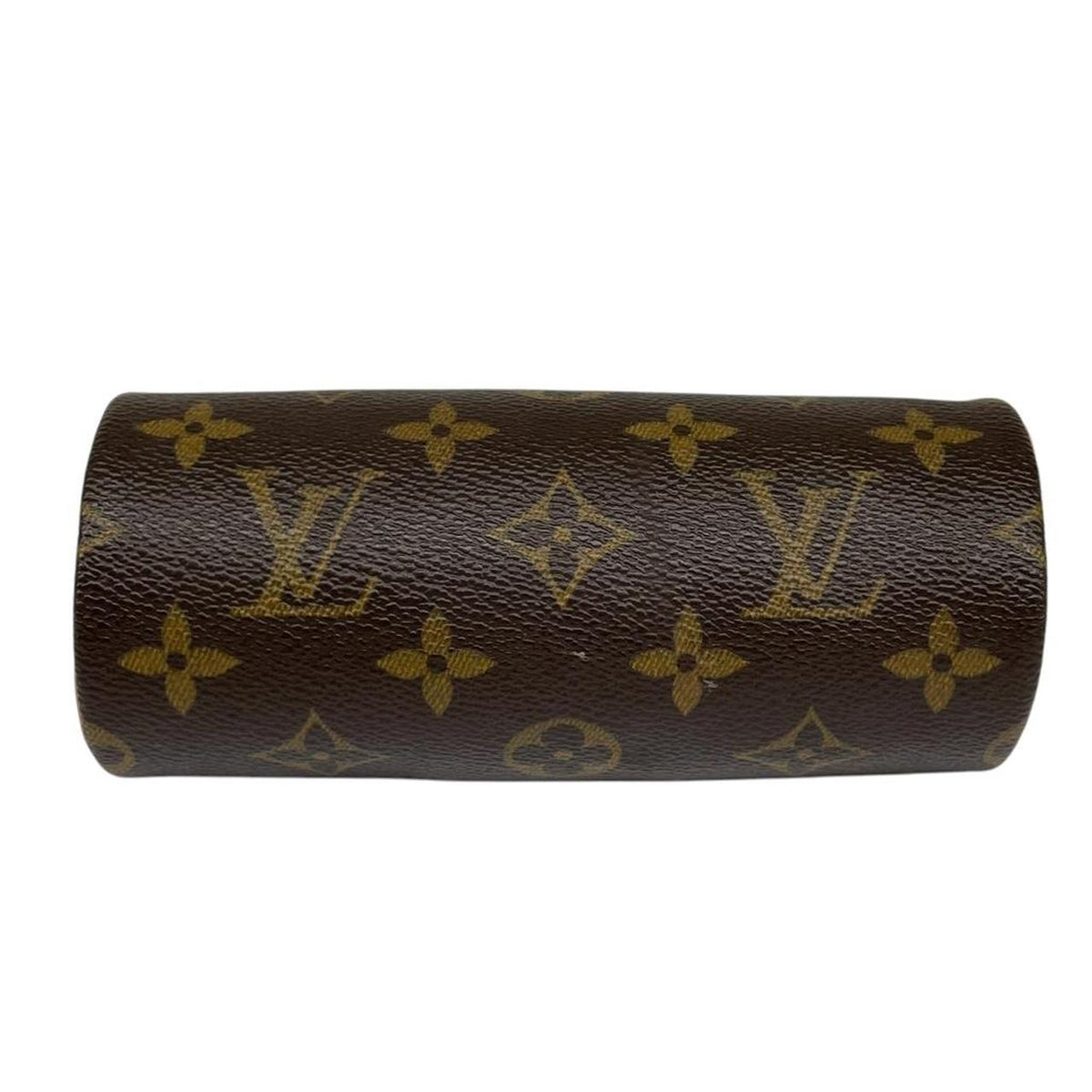 Louis Vuitton brown and tan mini pochette bag with monogram canvas pattern and logo.