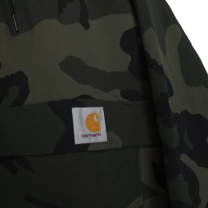 Carhartt camouflage hooded pullover jacket with logo and durable material.