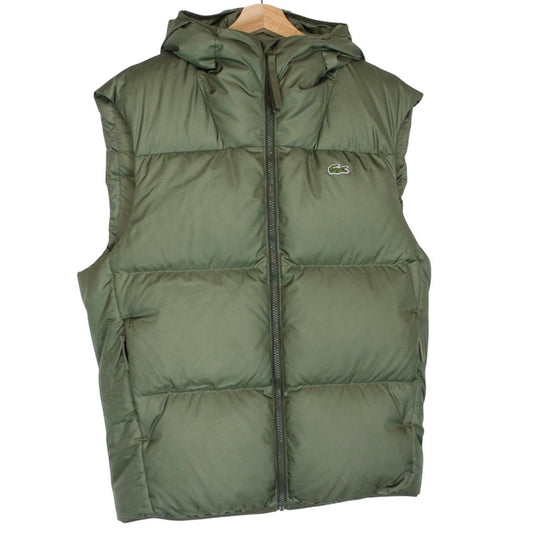 Lacoste khaki green bodywarmer full zip with signature crocodile logo and water-repellent material.