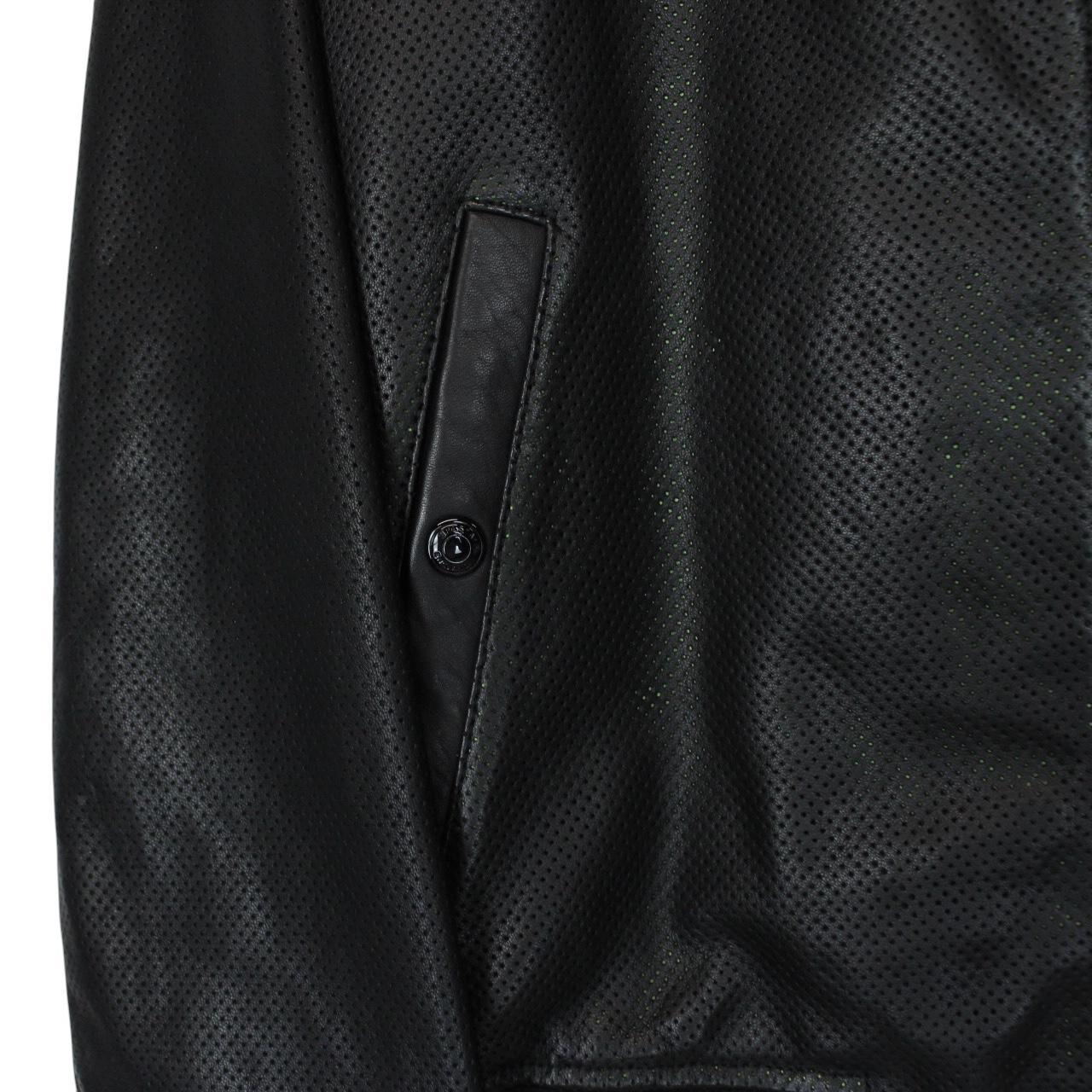 Belstaff black leather bomber jacket with full zip and logo details.