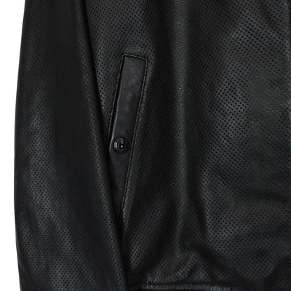 Belstaff black leather bomber jacket with full zip and logo details.