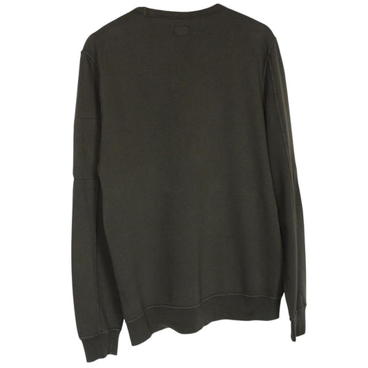 CP Company khaki green sweatshirt with goggle lens detail and cotton material.