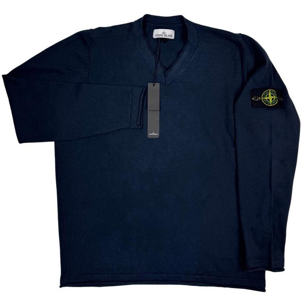 Stone Island navy blue knit jumper made from organic cotton with logo patch.