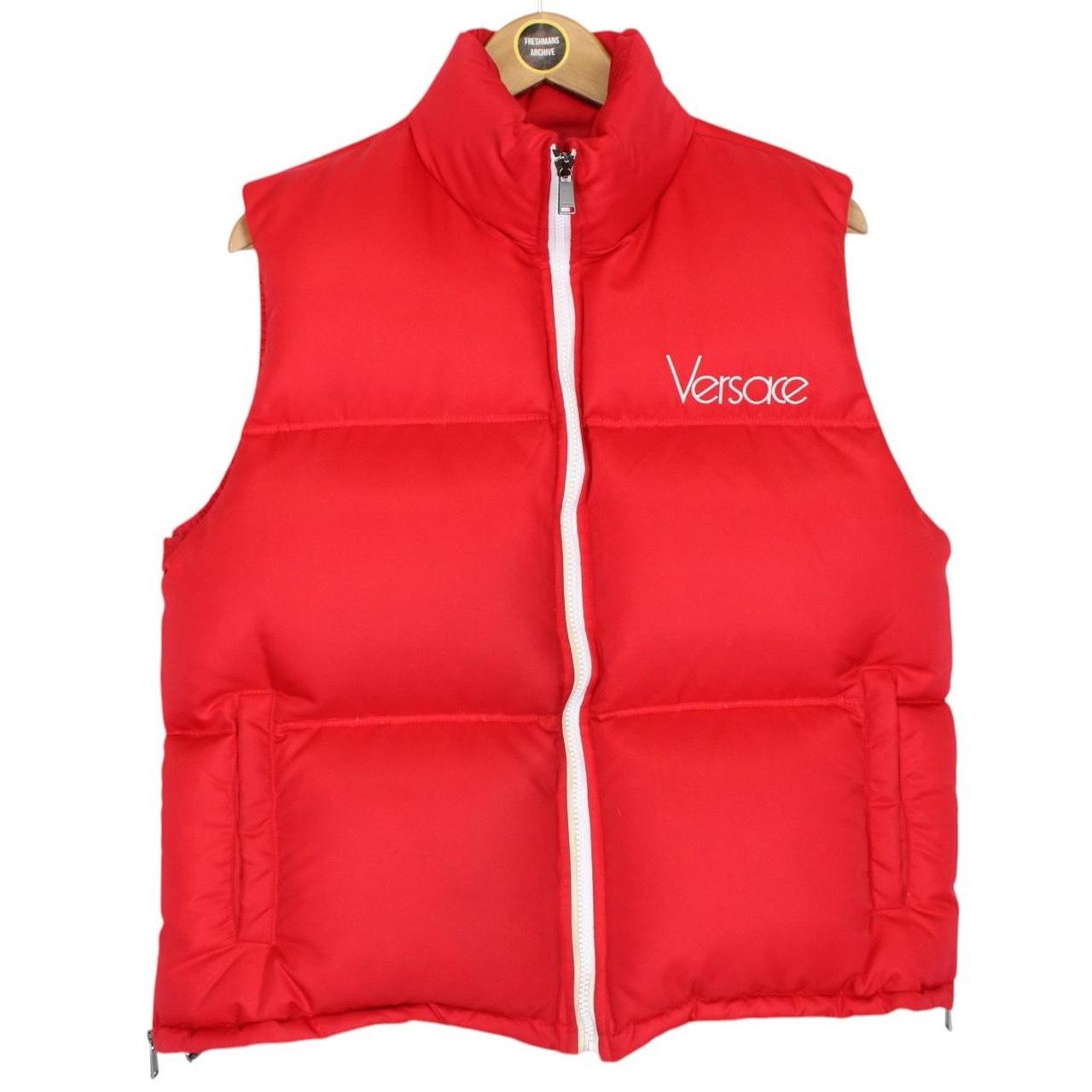 Versace Red and White Logo Embroidered Full Zip Down Gilet