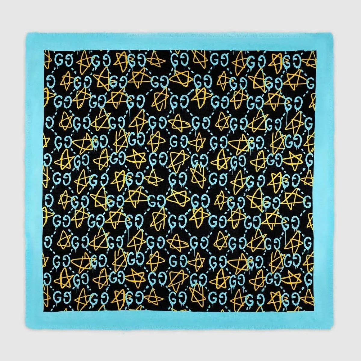 Gucci black and blue modal silk scarf with GG star pattern and logo.
