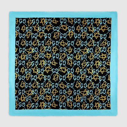 Gucci black and blue modal silk scarf with GG star pattern and logo.