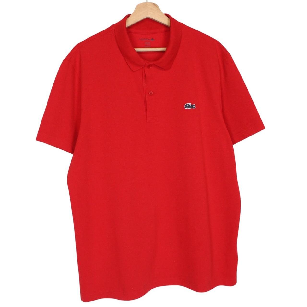 Lacoste red short sleeve polo shirt with embroidered crocodile logo, cotton material.