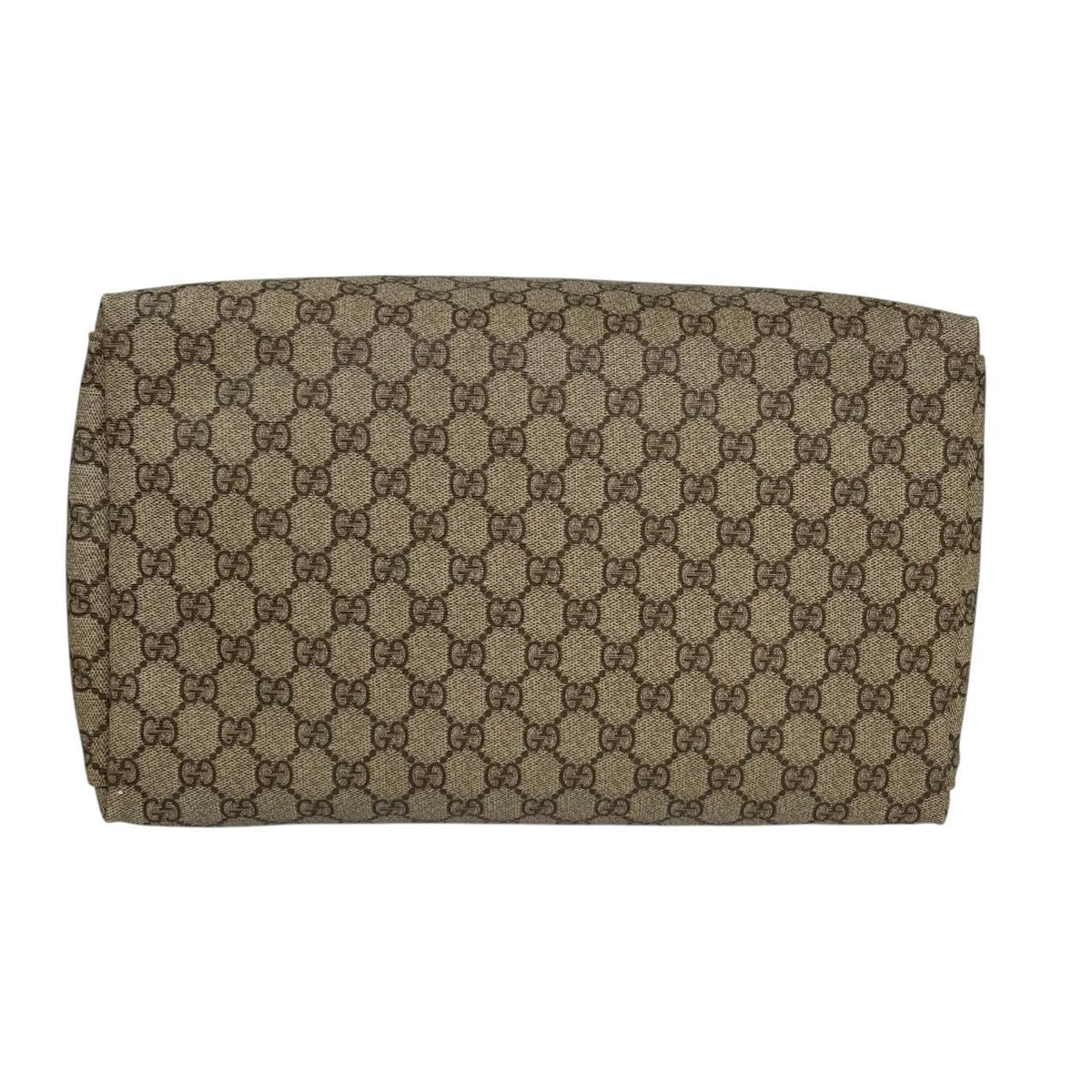 Gucci brown diaper changing bag with Supreme GG monogram and leather shoulder strap.