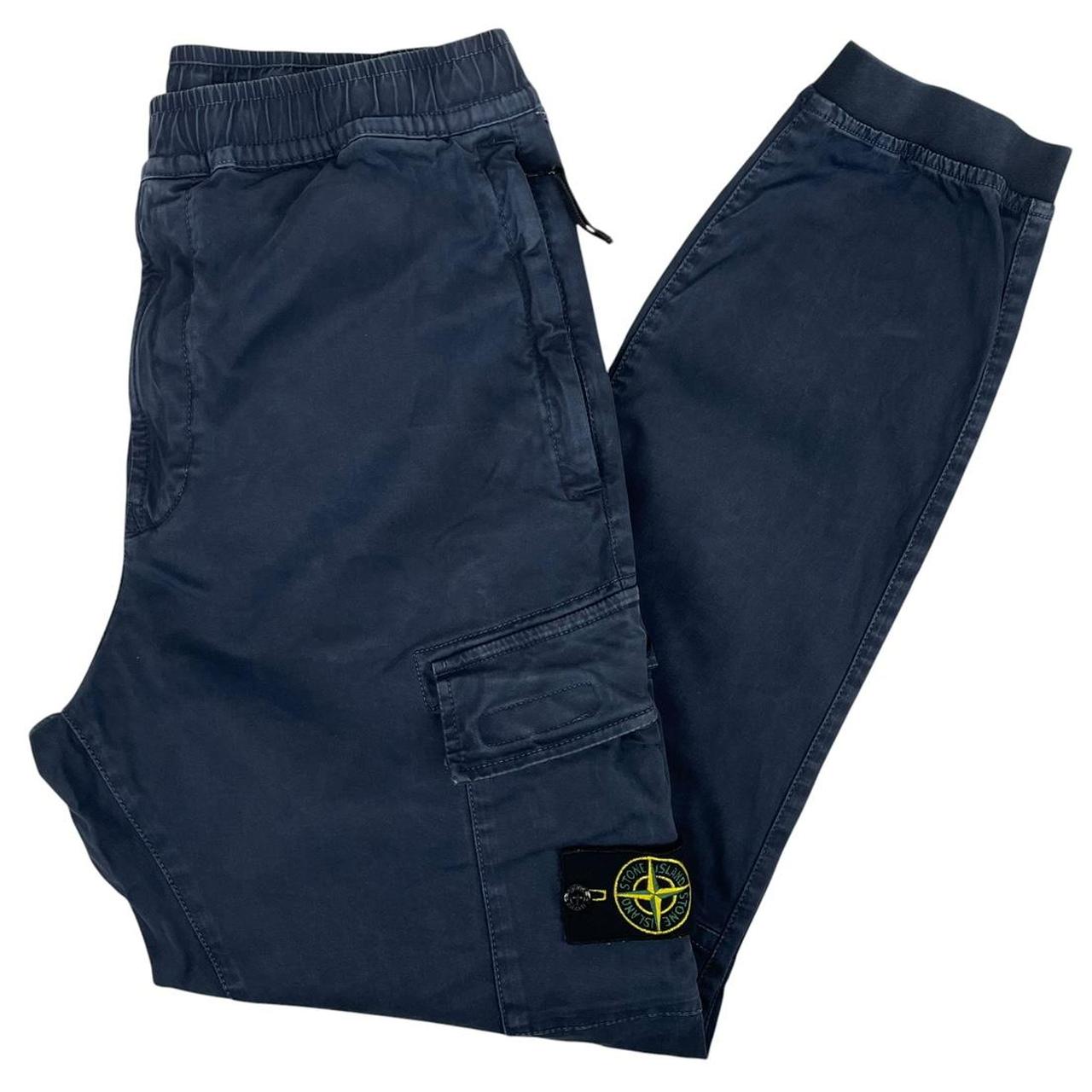 Stone Island navy blue cargo trousers with logo patch and RE-T fit design.