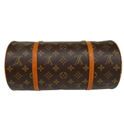 Louis Vuitton duffel bag brown and tan monogram canvas with logo and piping details.