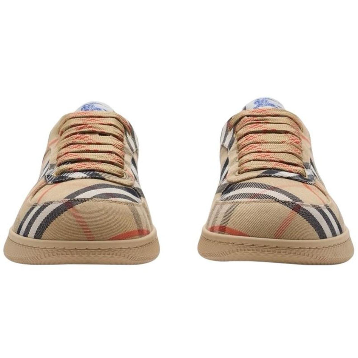 Burberry tan brown check trainers with logo detail and original box.