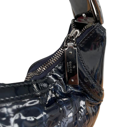 Gucci Navy Blue Patent Leather Horsebit Embossed Hobo Crescent Bag