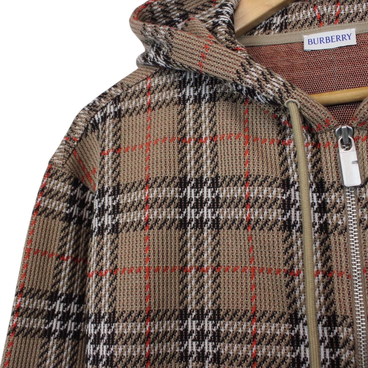 Burberry brown hoodie with Nova Check pattern and full zip, cotton blend material.